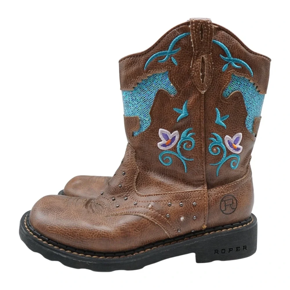 Roper Cowboy Boots Girls Size 2 Brown Turquoise Glitter Light Up Western Logo